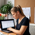 **Image:** A small business owner (possibly a florist like Marieke) looking stressed while reviewing cash flow projections on a laptop. The background shows a cluttered workspace with overdue bills.
    **Prompt:** Overwhelmed florist analyzing cash flow, messy workspace, overdue bills, laptop screen with financial projections.