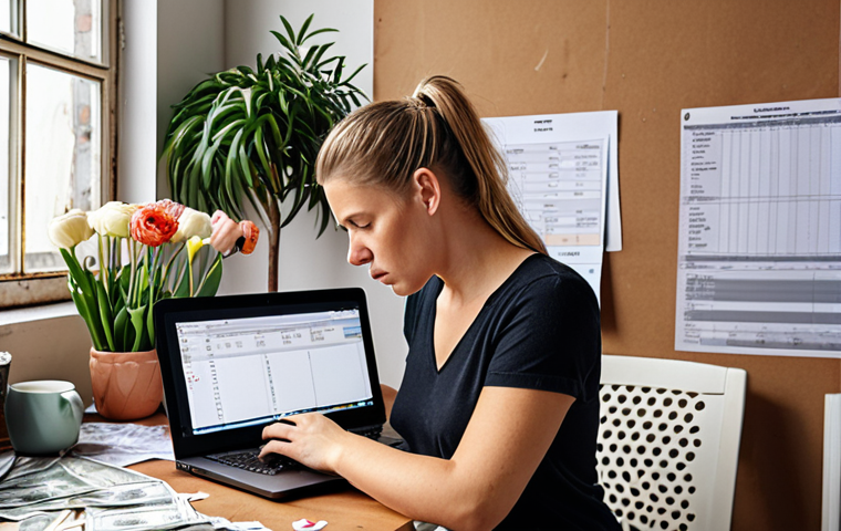 **Image:** A small business owner (possibly a florist like Marieke) looking stressed while reviewing cash flow projections on a laptop. The background shows a cluttered workspace with overdue bills.
**Prompt:** Overwhelmed florist analyzing cash flow, messy workspace, overdue bills, laptop screen with financial projections.